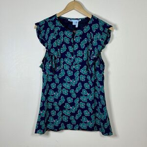 Draper James Womens Silk Floral Blouse Top 10 Navy Empire Waist Flutter Sleeve
